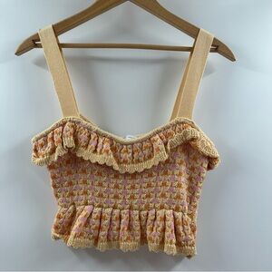Zara Knitted Tank Top – Light Yellow with Pink & Orange, Ruffled Details